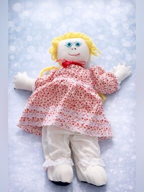 Hand Crafted Floral Rag Doll in Pink and Yellow